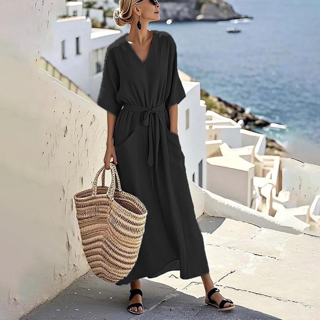 Women's Loose Slimming V-neck Doll Skirt Short Sleeved Knee Length Long Skirt