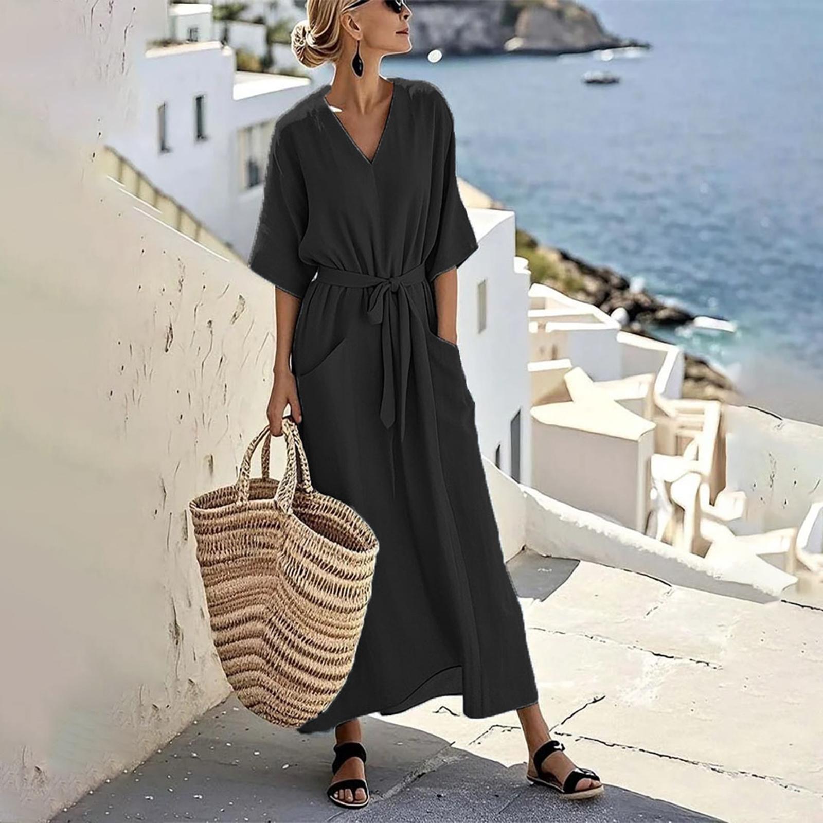 

Женская Свободная Стройнящая Платье-Юбка с V-образным Вырезом и Коротким Рукавом Длиной до Колена Длинная Юбка L чёрный