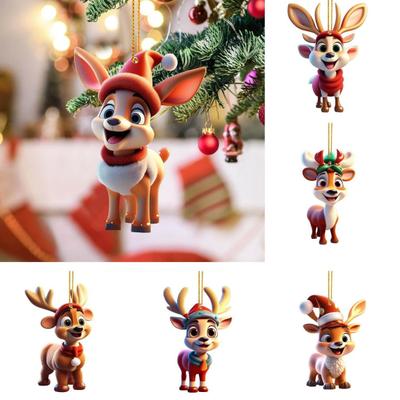 2D Flacher Acryl Elch Anhänger Cartoon Hirsch Weihnachtsbaum Dekoration Auto Rückspiegel Hängeanhänger für Auto Innenzubehör Weihnachtsbaum Deko