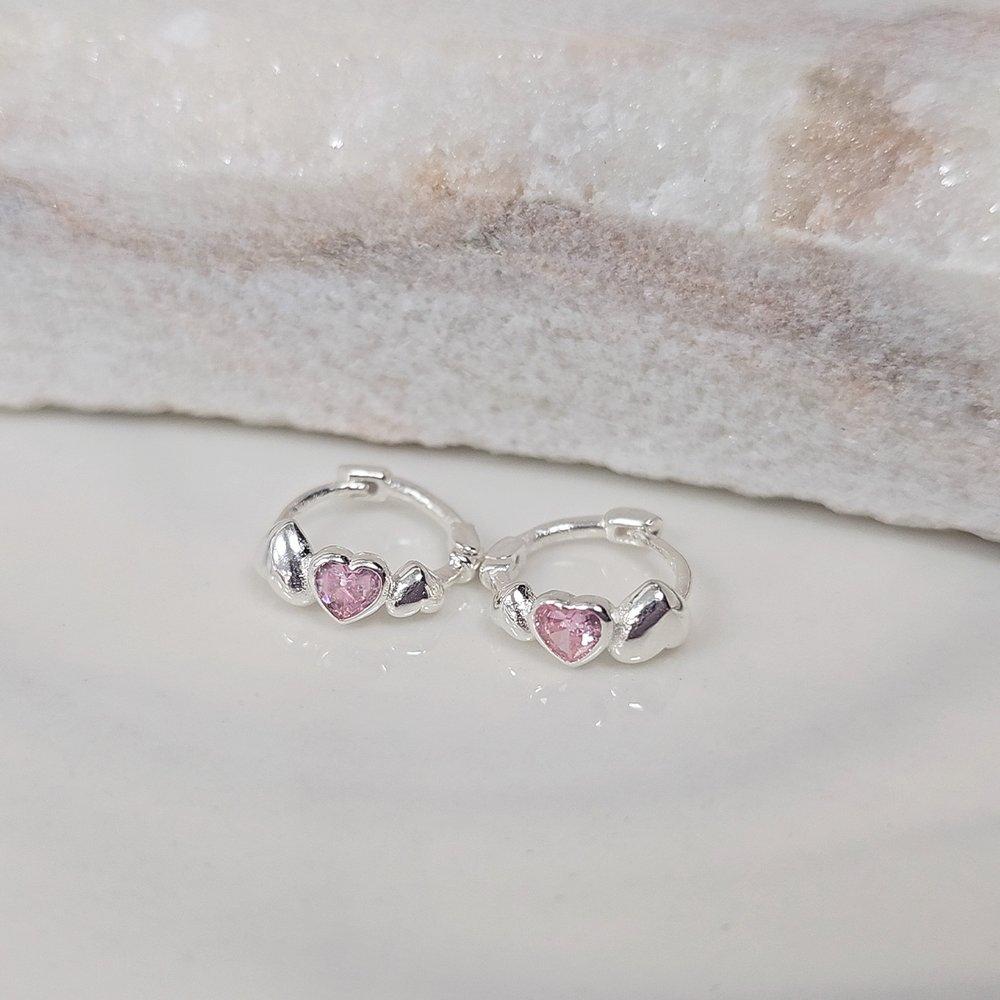 Pink Q Heart One-Touch Silver Earrings