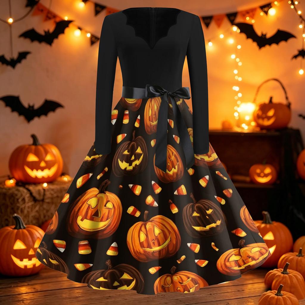 Women's Casual Halloween Print V Neck Retro Dress Long Sleeve Fit and Flare Midi Dress with Waist Tie Vintage Style