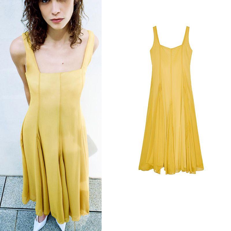 Summer Women's Pleated Hem Asymmetric Design Wide Shoulder Strap Square Collar Midi Skirt Dress 3024375