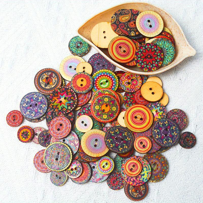 50pcs Retro Wooden Buttons 2 Holes Handwork Sewing Scrapbook Clothing Bosian Style Button DIY Crafts Accessories Decor