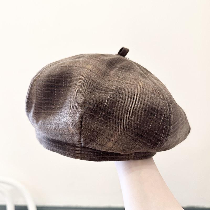 New Korean Dopamine Color Plaid Beret Women's Autumn Sweet British Painter's Hat Plaid Octagonal Hat