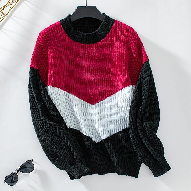 Color Block Cable Knit Crew Neck Pullover Sweater - Women's Autumn/Winter Loose Fit Knitwear