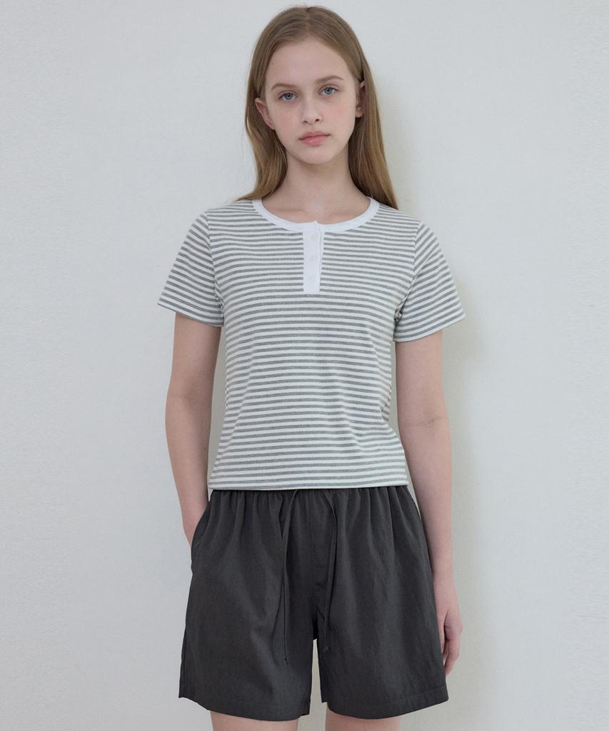 Wednesday Oasis For Woman Loewe Henley Neck Striped T-Shirt_Gray(W25-Tp24)
