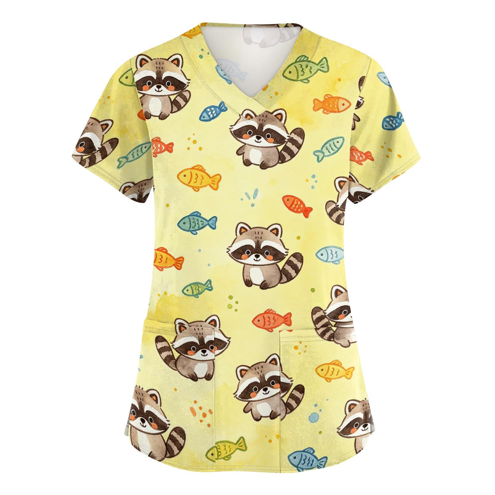 

Women s V Neck Short Sleeve Work Top with Pockets Cute Animal Print Medical Scrub Shirt for Healthcare Professionals Nursing Uniform S