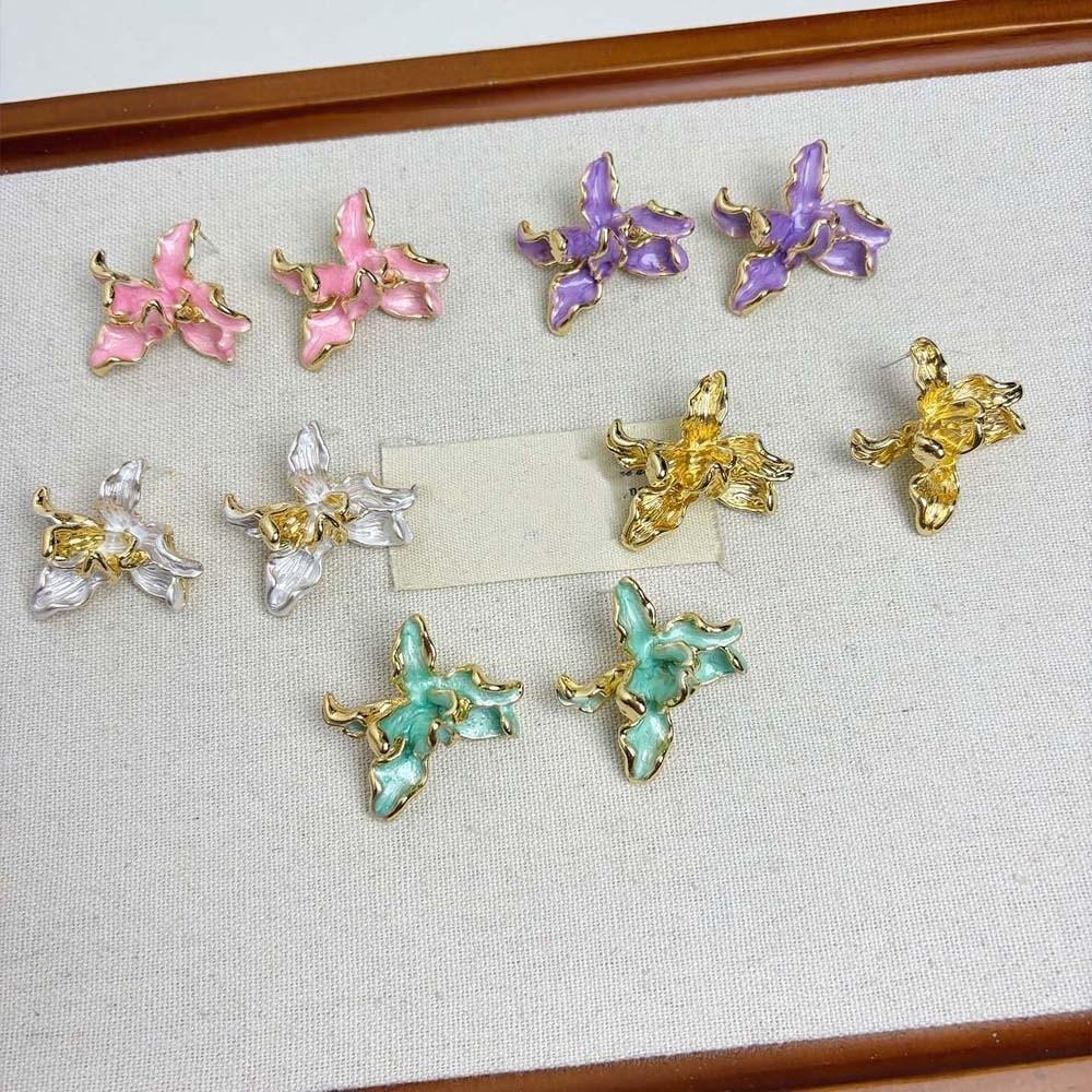 1 pair Zinc Zinc Alloy Enamel Iris Earrings Luxury Metal Flower Ear Studs Golden and Silver Earrings  Holiday