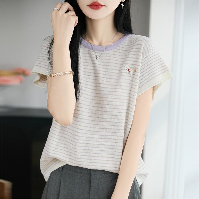Round-neck Knitted Short-sleeved Women's Summer New Style Multi-color Striped Little Horse Base Layer T-shirt