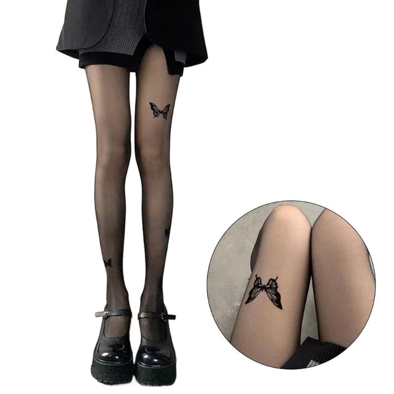 Collant Calze Velate Stampate con Farfalle Vintage Estetiche per Donna Sexy Sottili Trasparenti Collant Leggings in Seta