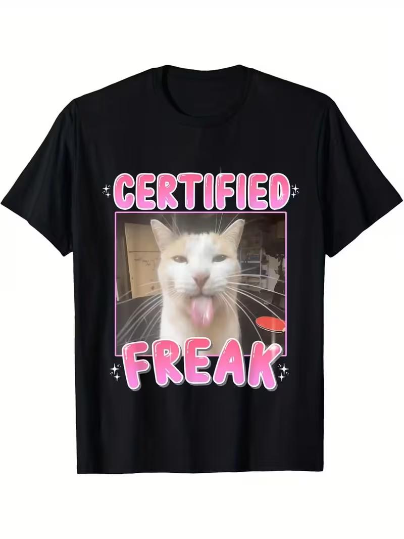 Funny Certified Freak Cat Meme T-Shirt Humorous Graphic Printed Top for Everyday Cat Tshirt Casual Wear Apparel Clothing - Me... S разноцветный