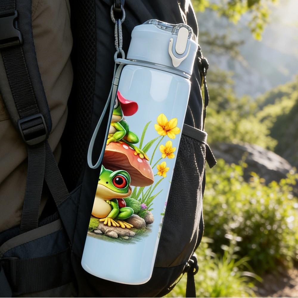 1PC Mushroom House Cartoon Print 750ml Color Plastic Sports Water Bottle Leakproof Flip Straw Lid Suitable for Sports Office Home Use