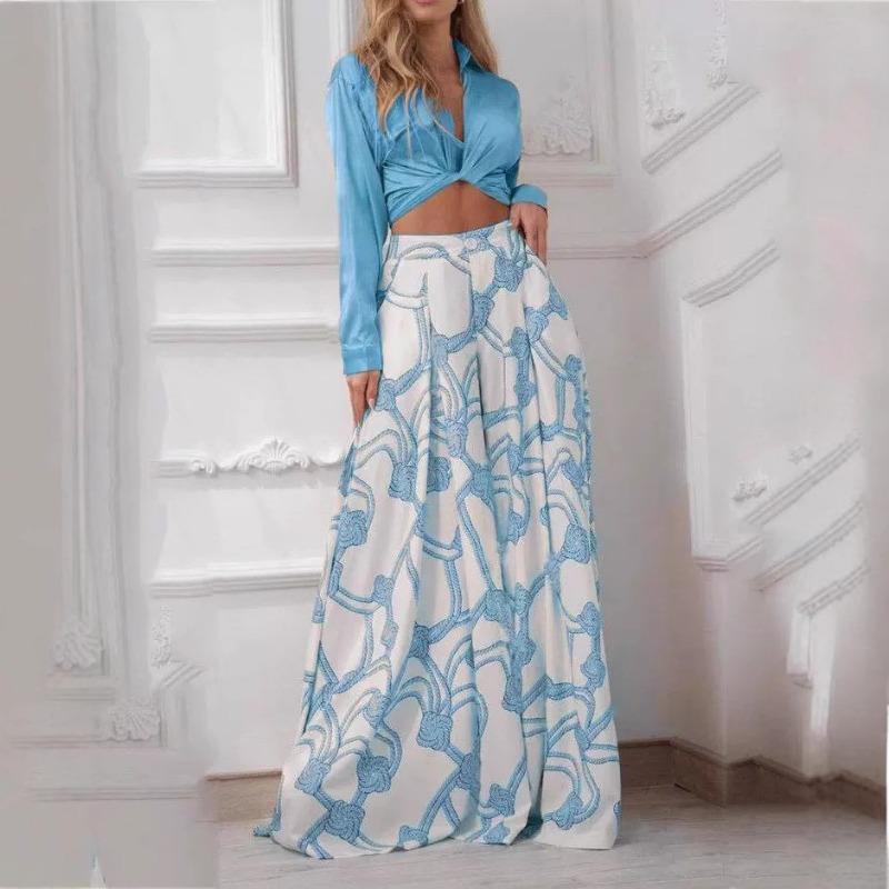 Women's Printed Casual Suit Lapel Sexy Lace-up Shirt. Waist Wide Leg Pants Two-piece Set
