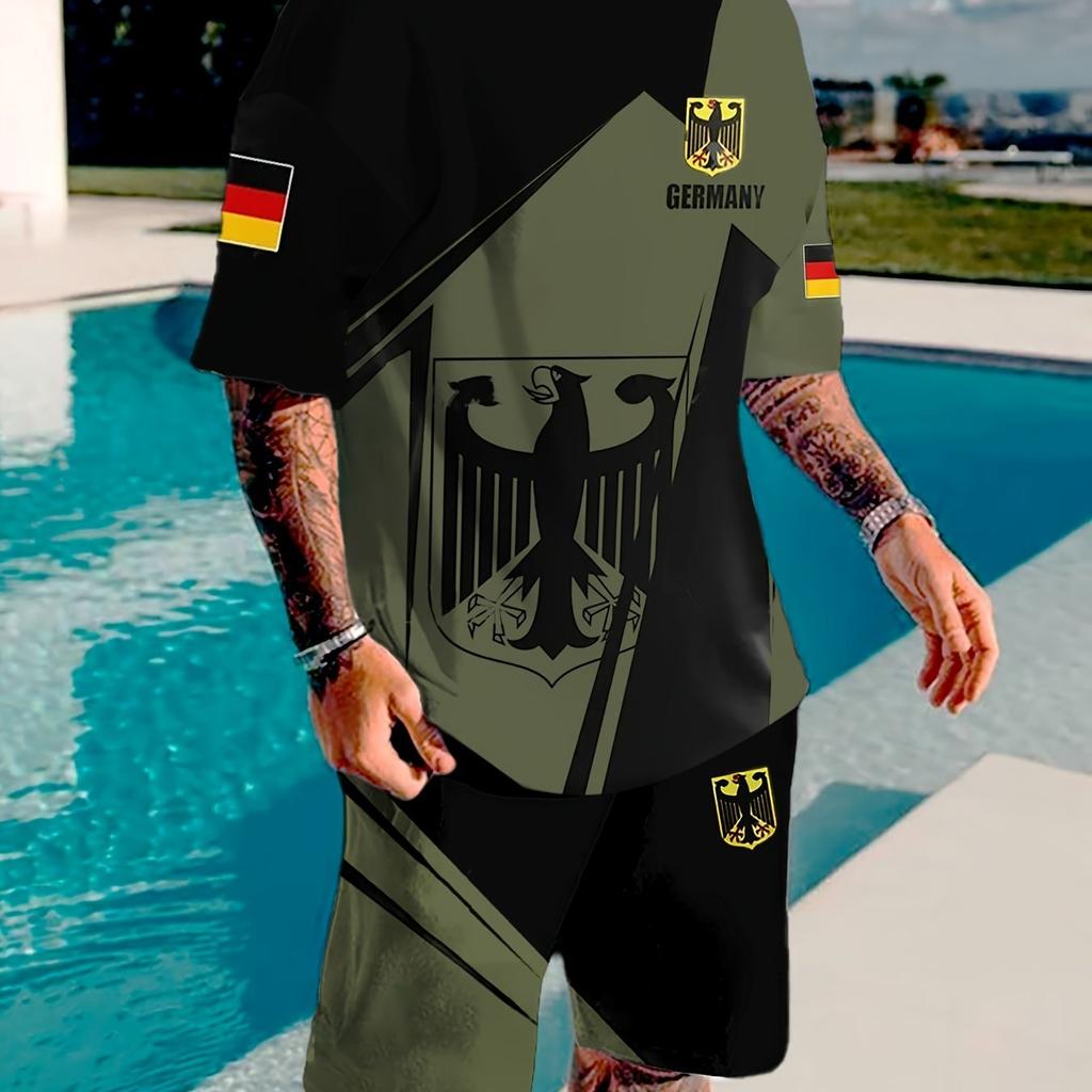 Men's Casual 2pcs Set, Eagle Print T-shirt + Active Shorts Matching Set For Fitness