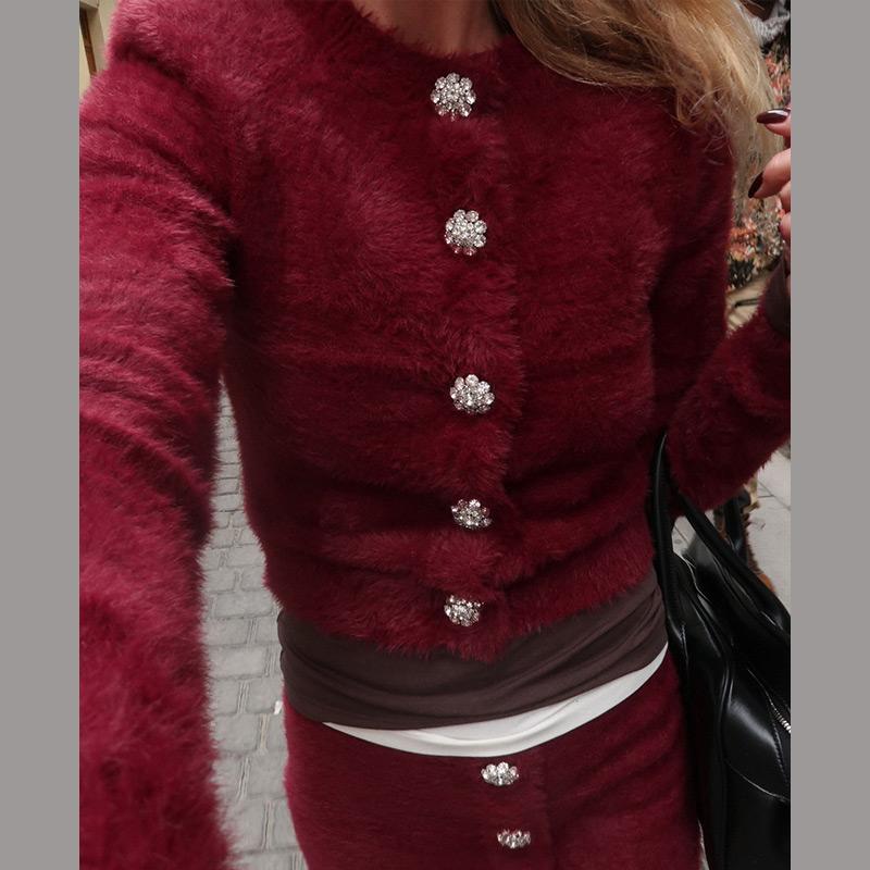 Damen Vintage Einfarbig Strickrock Anzug Herbst Winter O-Ausschnitt Langarm Einreihige Strickjacke Kurzer A-Linienrock Zweiteilige Sets