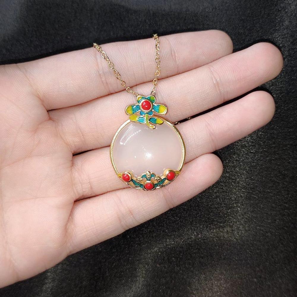 Traditional Gold Inlaid Jade Craft Necklace Natural Chalcedony Pendant Hanfu Jewelry Women White Jade Ornament