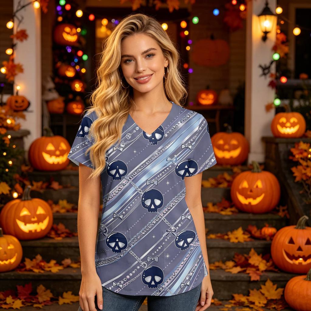 Damen V-Ausschnitt Kurzarm Kasack mit Taschen Halloween-Print Pflegekraft Uniform