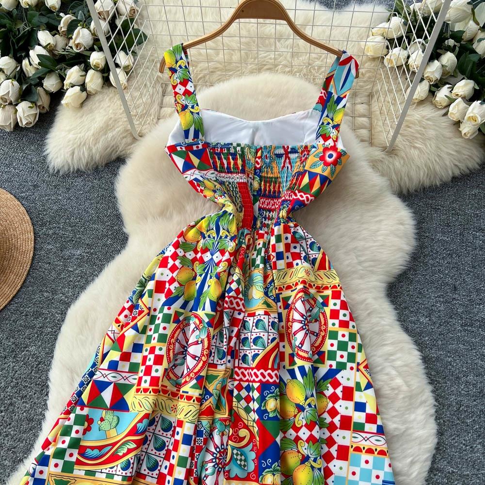 Summer Women Vintage Baroque Print Designer Runway Dress Spaghetti Strap Long Midi Party Dresses