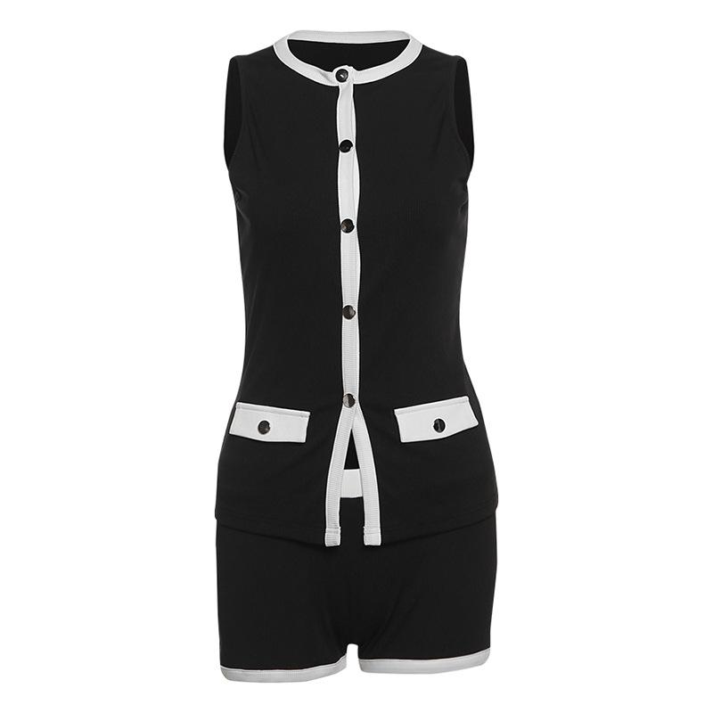 

Весна Новая Женская Одежда Темперамент Сексуальный Контрастный Цвет Без Рукавов Пуговичный Кардиган Топ Стройнящий Костюм с Шортами S