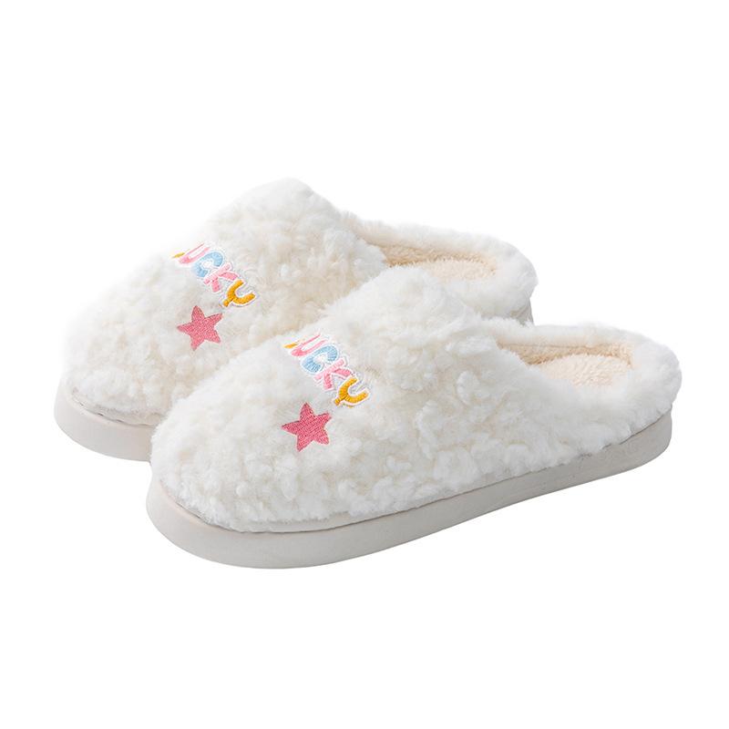 Cotton Slippers Embroidered Autumn and Winter Indoor Home Thick Bottom Warm Piled Couple Hair Slippers