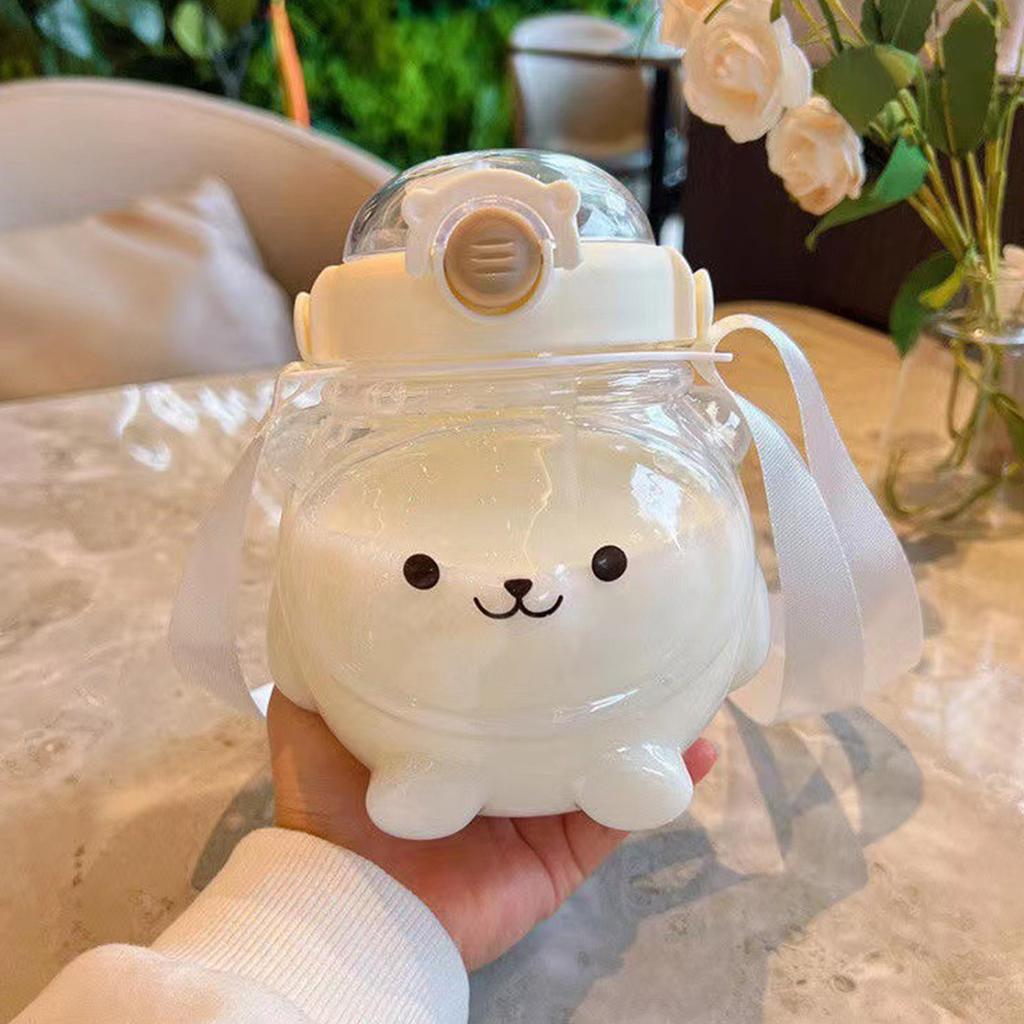 Water Bottle Plastic Cute Panda 1000ml Large Capacity Direct Drinking with Straw Carrying Strap Kids Drinking Bottle for Daily Use Clear White