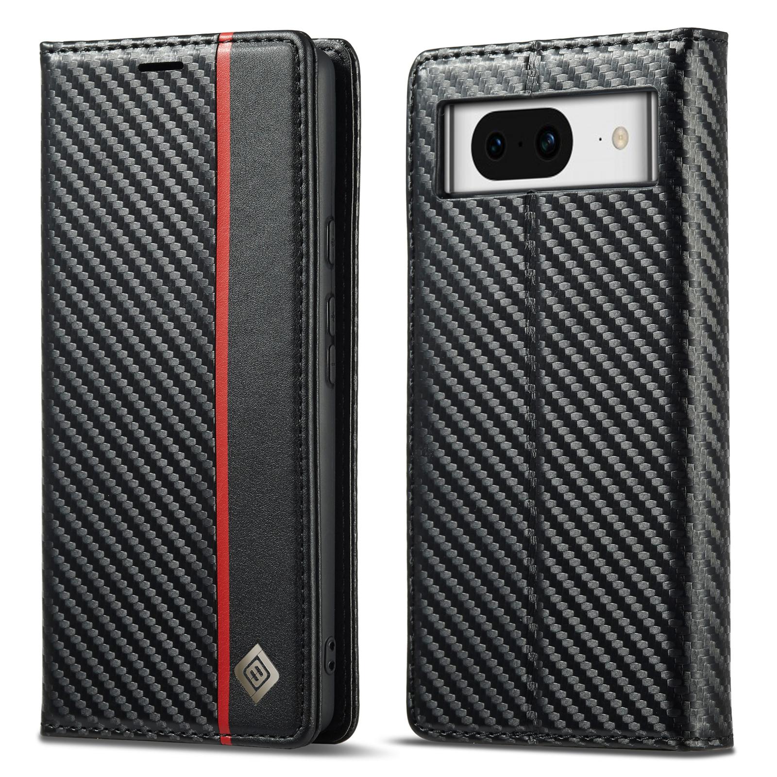 

LC.IMEEKE For Google Pixel 8 Wallet Stand Phone Leather Case Carbon Fiber Texture Cover Vertical Stripe