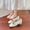 Square Head Light Mouth Bow Thick Heel Mary Jane Shoes Silver Ballet Versatile High Heel Single Shoes Women