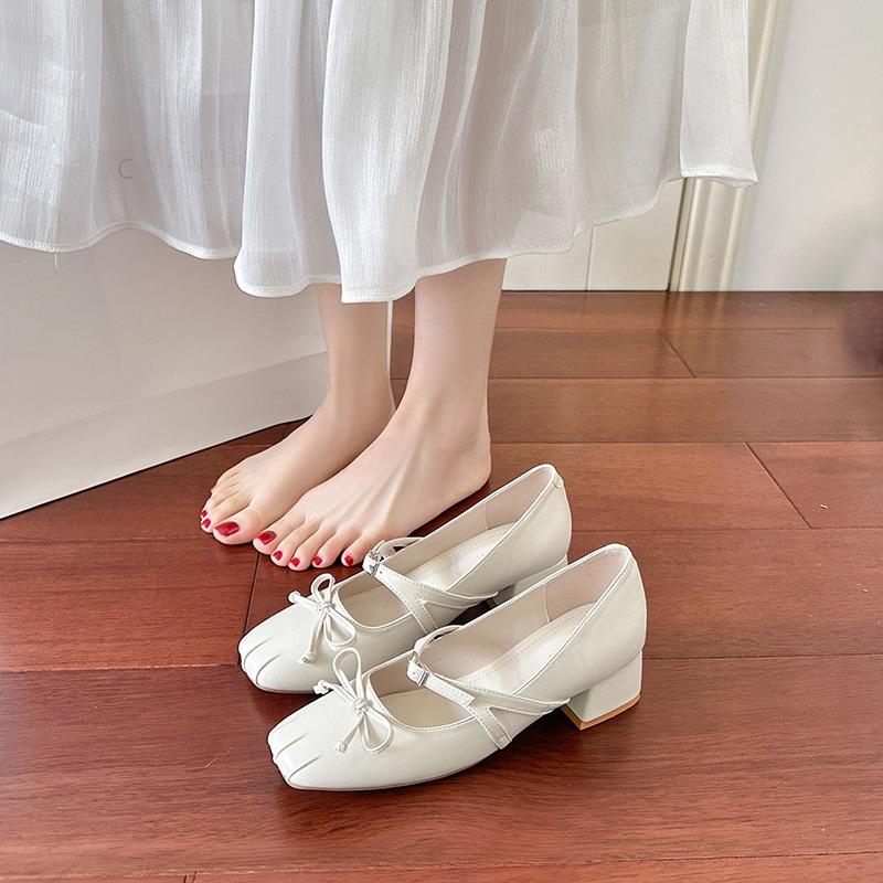 Square Head Light Mouth Bow Thick Heel Mary Jane Shoes Silver Ballet Versatile High Heel Single Shoes Women