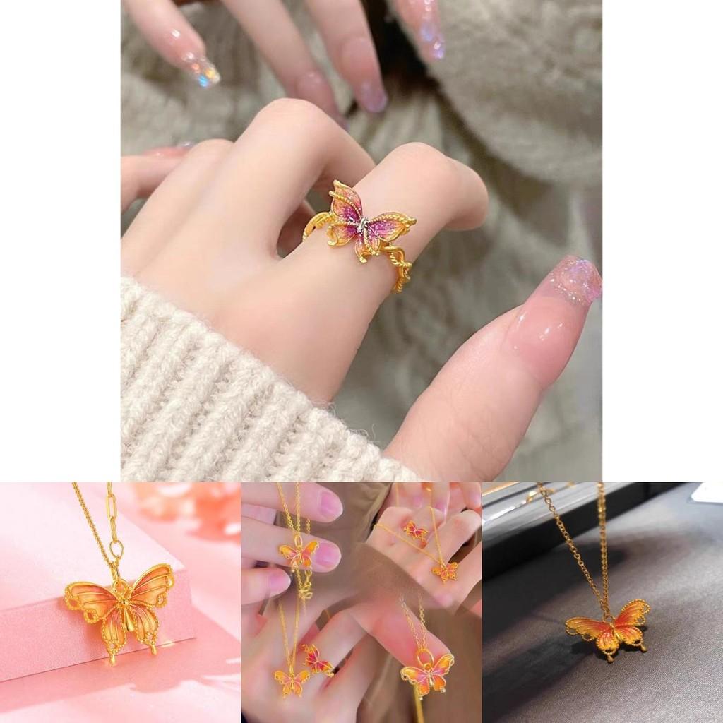 Elegantes, goldplattiertes Schmetterlingsring- und Traumanhänger-Ketten-Set für königliche Mode