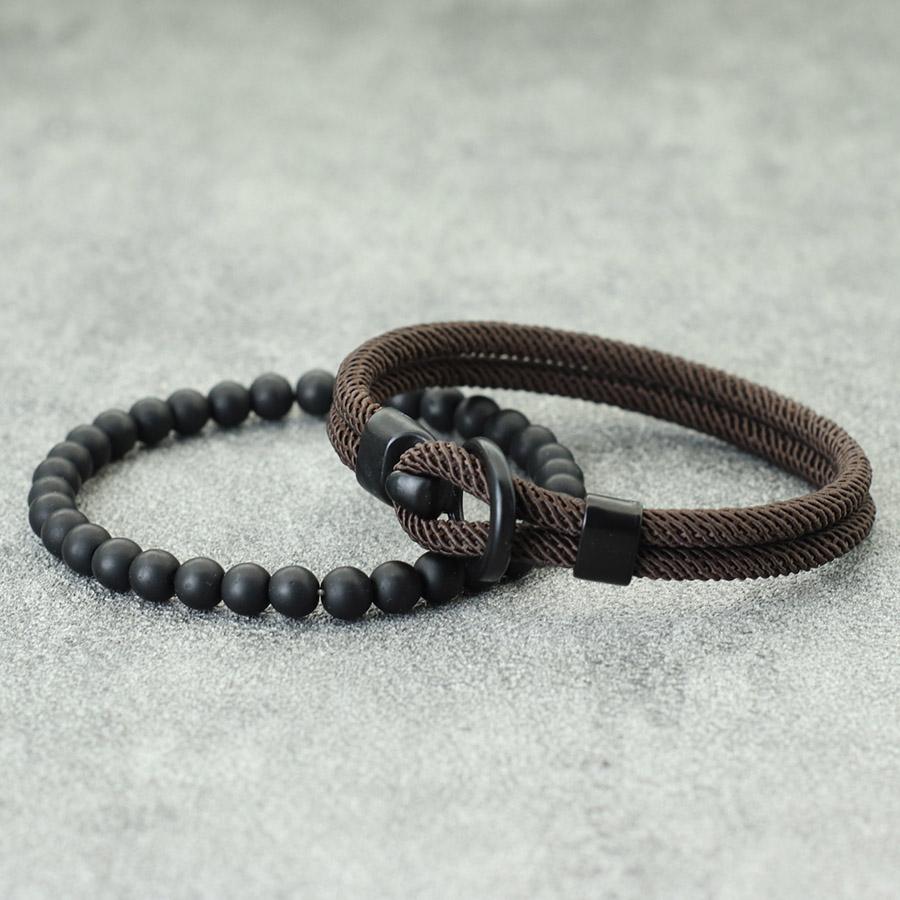 2 Stück Herren Armband Set Schwarz Einfacher Haken Natur Onyx Perlenarmband Outdoor Sport Herren Armband Lässige Accessoires Geschenk für Ihn