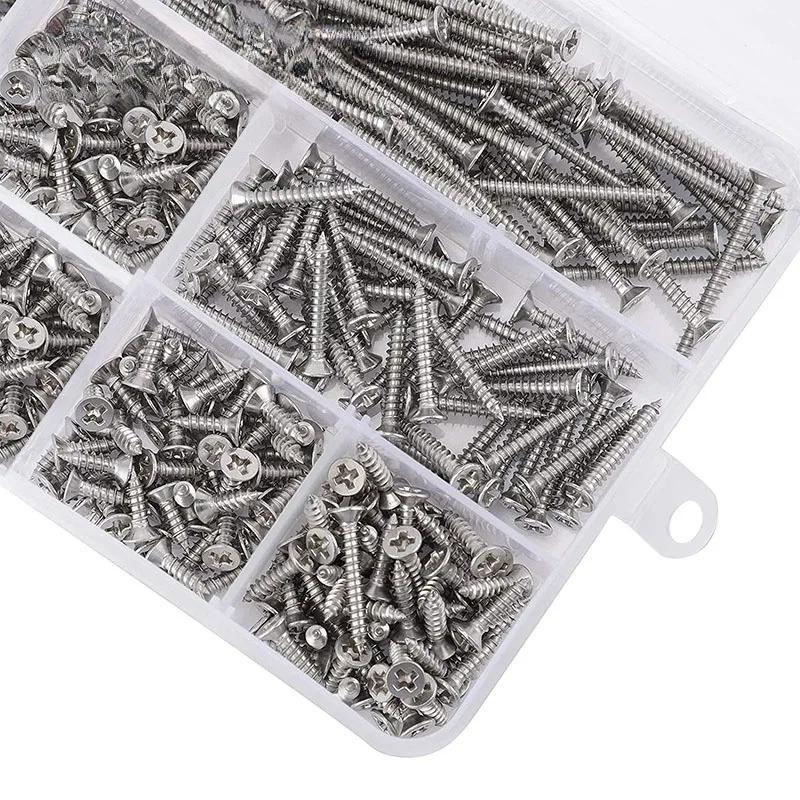 400Pcs 304 Stainless Steel Cross Phillips Countersunk Head Fiber Drilling Wood Screws Kit M3 Flat Head Self Tapping Screw Set
