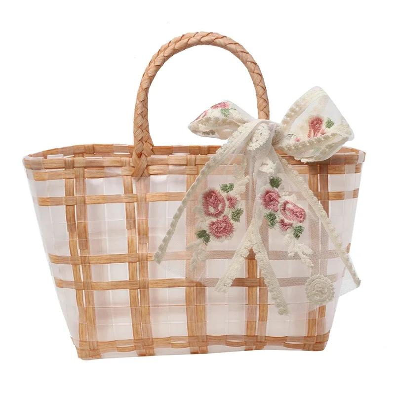 Large capacity picnic bag for ladies  two-tone fabric  embroidered bow  casual PVC bag  women's bags