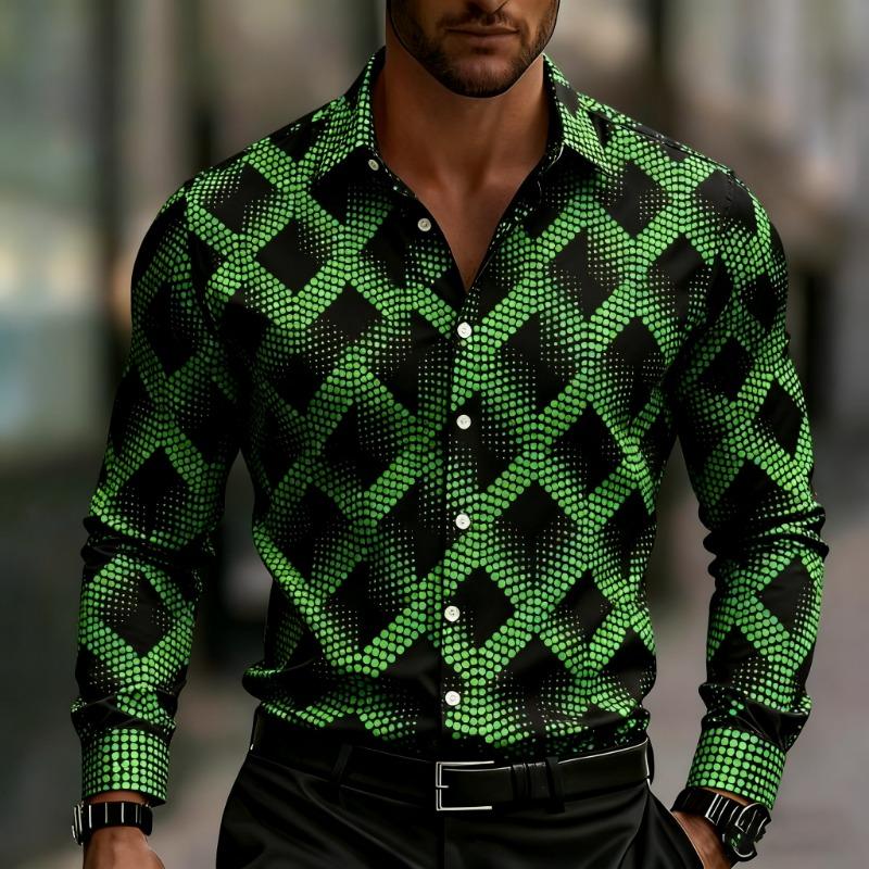 Men's Long-sleeved Geometric Print Shirt, Stylish Button-down Shirt, with Square and Striped Patterns for Everyday Wear.