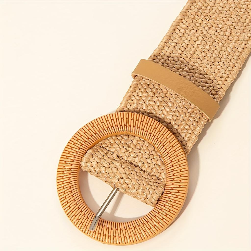 Cinturones Trenzados Redondos con Hebilla Estilo Boho Caqui Elásticos Anchos Cinturilla Casual para Vestidos Para Mujeres Uso Diario