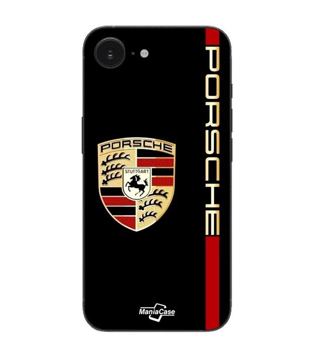 Coque Maniacase Pour Iphone 16E PORSCHE logo rouge et dorée fond noir