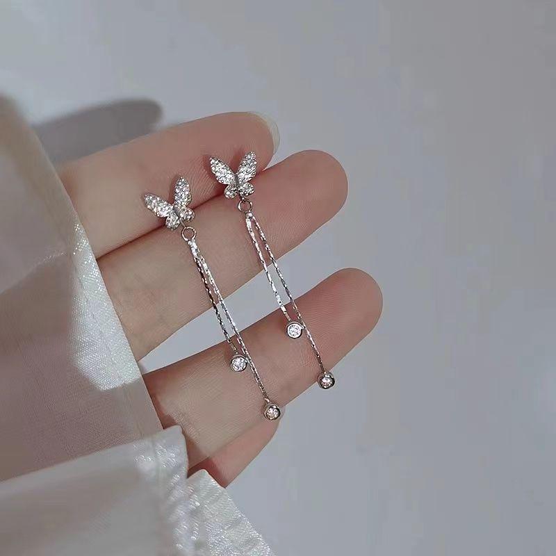 999 Pure Silver Butterfly Tassel Stud Earrings - Elegant Summer Trend
