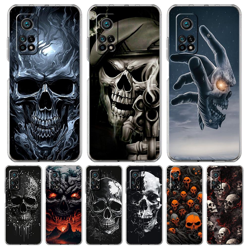 Transparent Phone Case for Xiaomi Mi 14 13 12 11 Ultra 13T 12T 11T Poco X3 NFC F3 F6 Pro 5G Soft TPU Shell Terror Black Skull