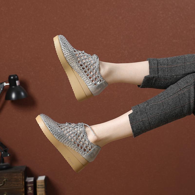 Fashion GKTINOO Genuine Leather Woven Wedges Platform Women's Shoes 2025 Summer New Lace-up Soft Sole Casual Hollow Breathable Sandals