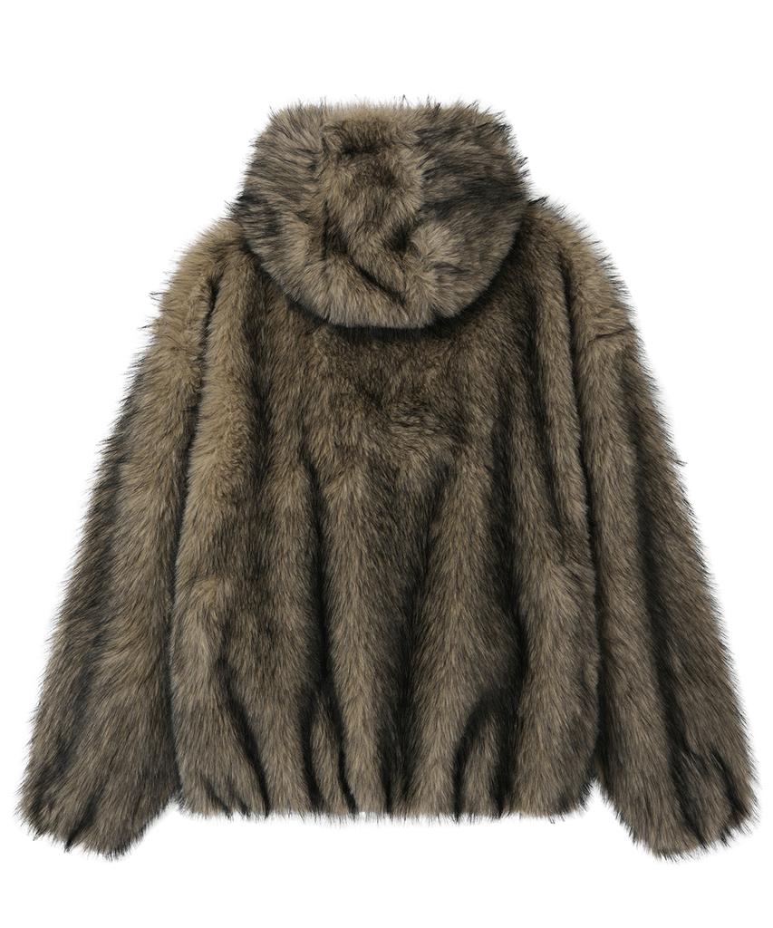 Openyard(Oy) Wild Faux Fur Hoodie Jacket - Brown
