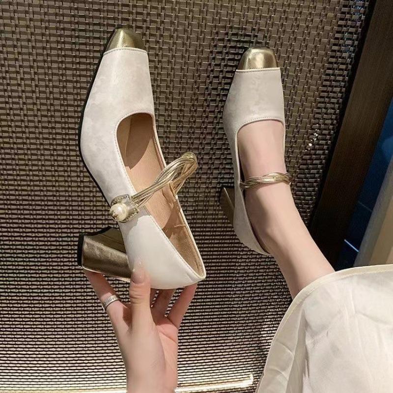 China Mary Jane High Heels Women's Single Shoes One Word with Thick Heels Single Shoes Splicing Single Shoes Women