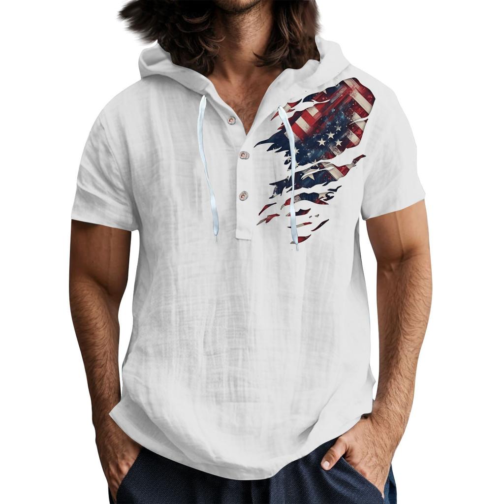 Men'S Casual Short Sleeved Hooded Top Buttoned Open Neck T-Shirt