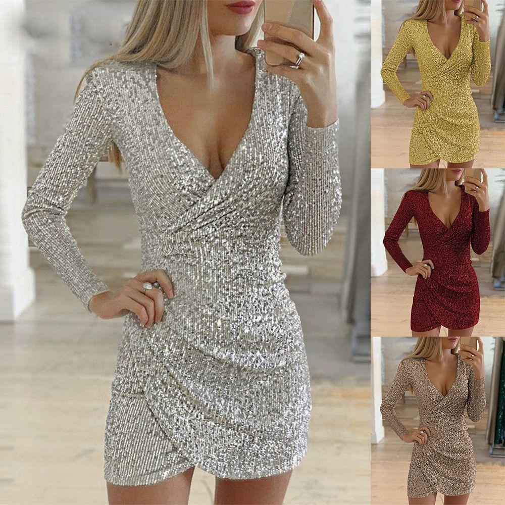 Bling Clubwear V-Ausschnitt Party Abendkleider Bodycon Partykleid Ballkleid Pailletten Minikleid