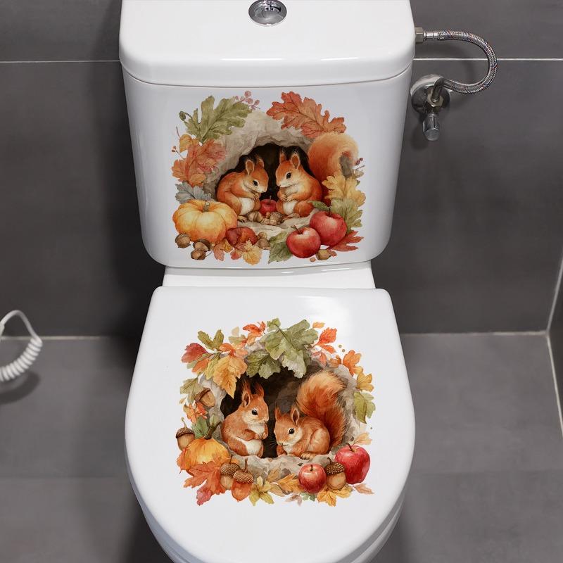 Autumn Squirrel Toilet Paper Sticker - Two Squirrels Perched In Tree Holes, Accompanied By Autumn Fruits and Red Leaves Stickers