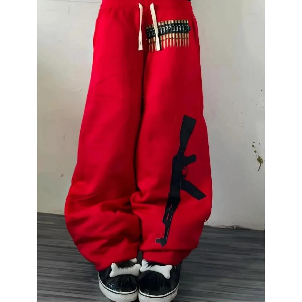 Herrenhosen Gothic Hip-Hop Pistolenprint Modische Paare Lässige Lockere Hose mit Elastischem Bund Einfache Weite Hosen