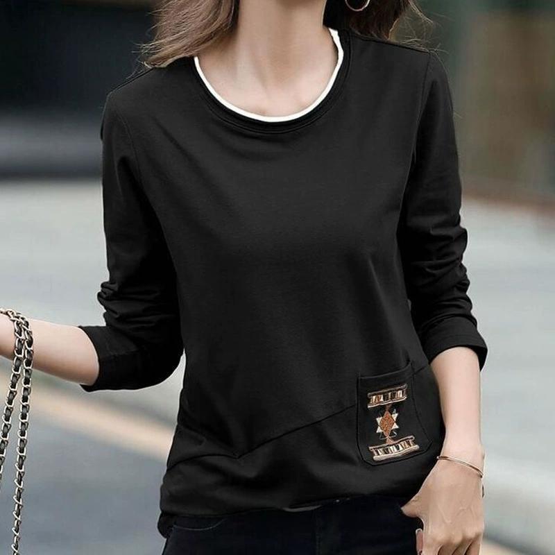 

2026 Embroidered Pocket Long Sleeve T-shirt Women s Autumn Large Size Women s Splicing Bottom Shirt Top Trendy L чорний