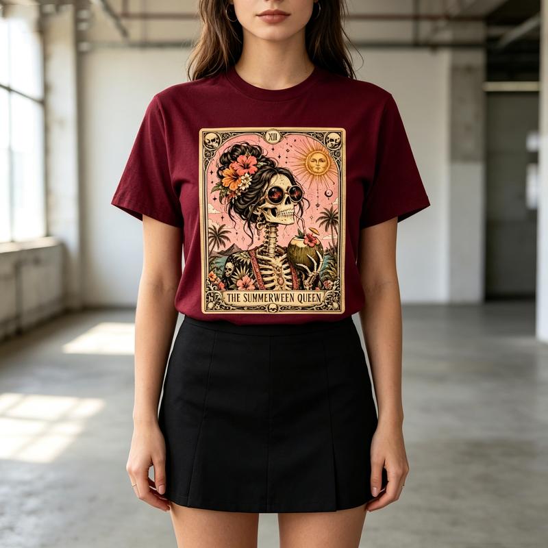 Vintage Summer Lover T Shirt Skull Queen Tarot Vintage Art Print Soft Cotton Crew Neck Unisex Top Oversized Tee Harajuku Y2k