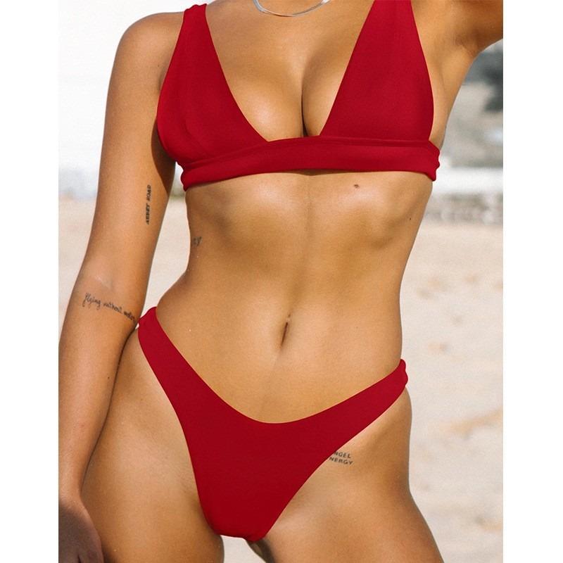 Women's Cream Plunge V Neck Bikini Set High Cut Thong Minimalist Swimwear