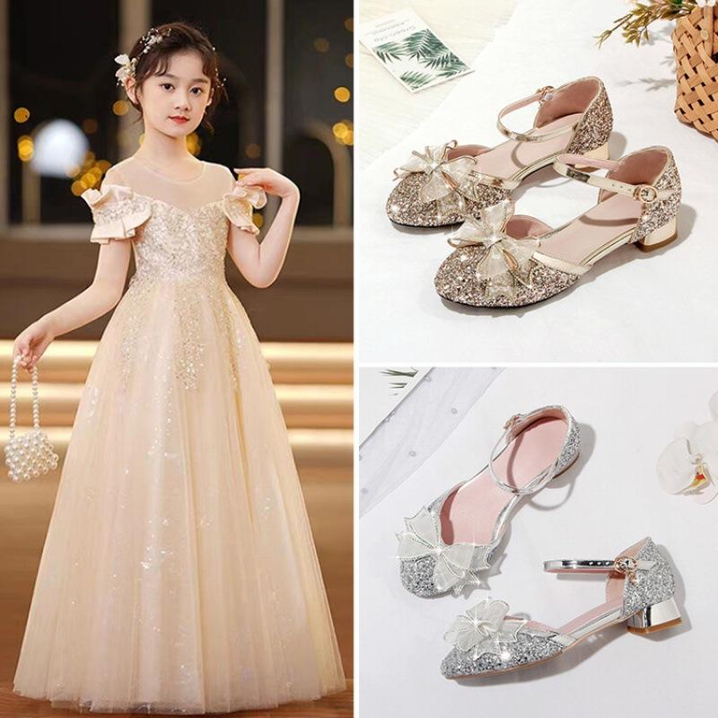 Summer Children's Sandals Women's New Students Middle and Older Children's Bow Sandals Princess High Heels Solid Color Girls Sandals