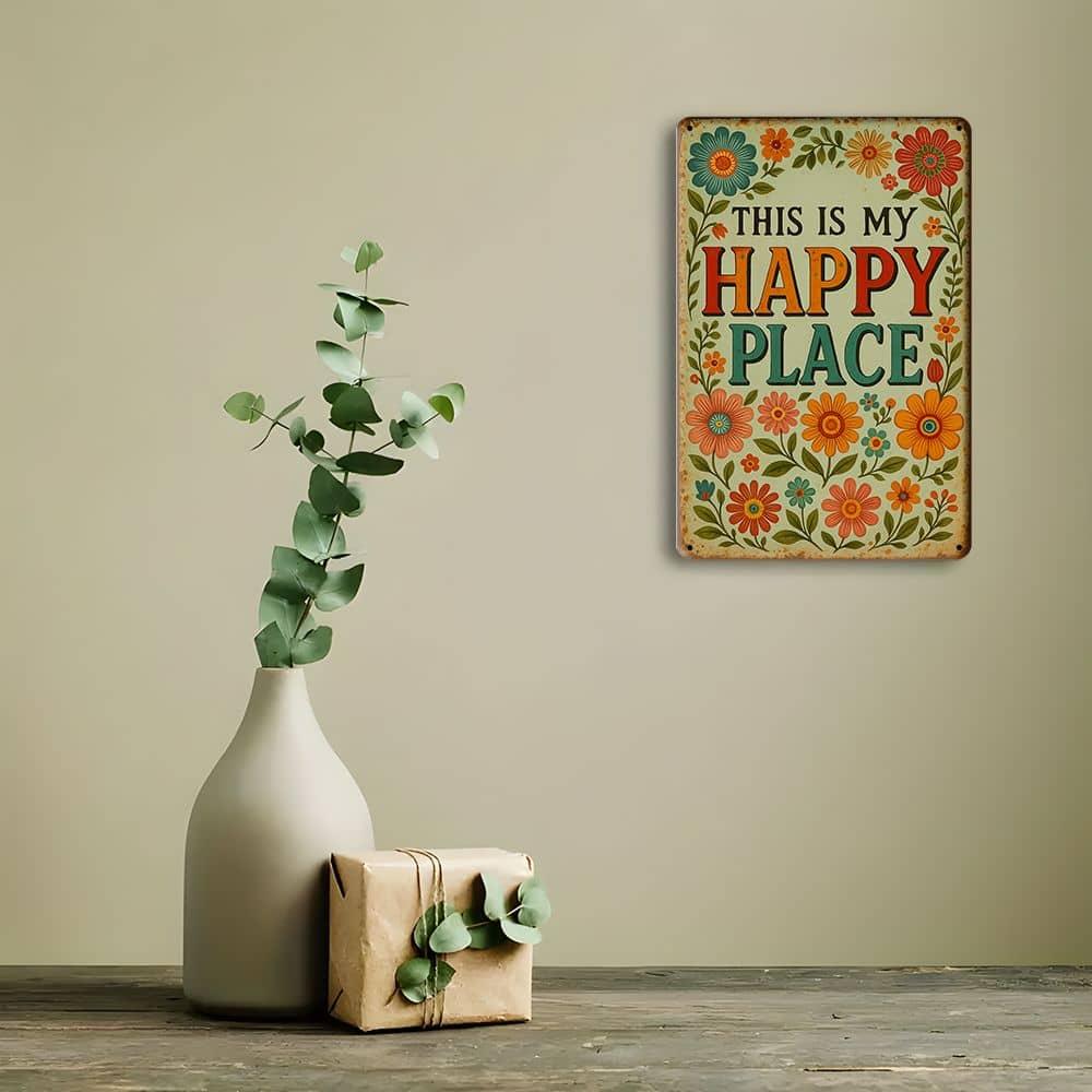 "Happy Place Welcome" Rustic Metal Sign, 8x12 Inch.