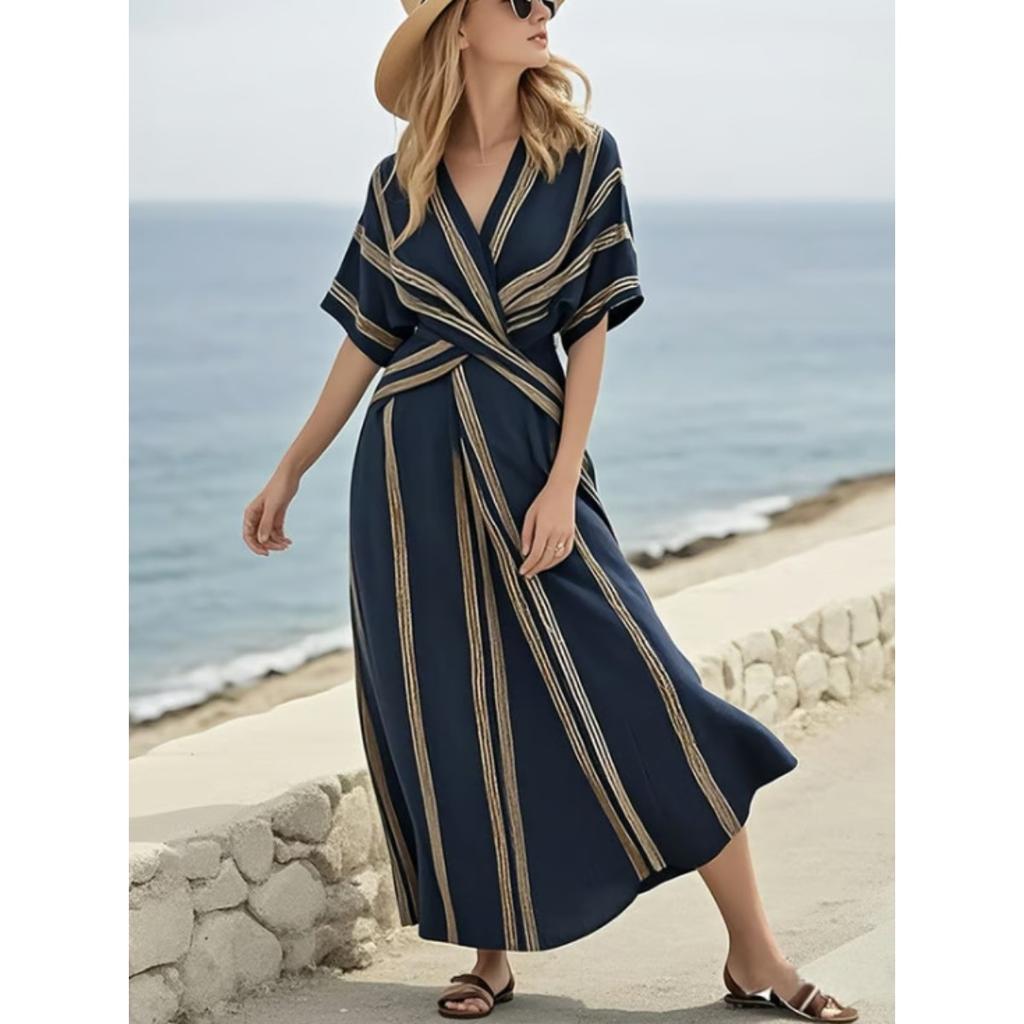 Women's V Neck Short Sleeve Maxi Dress Loose Fit Mid Waist Elegant Striped Wrap Dress